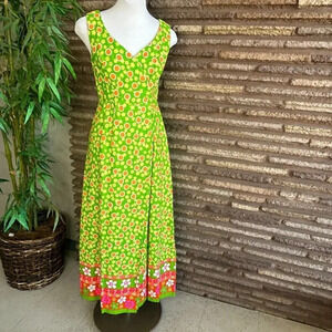 Hawaii Nei Vintage 60s 70s Green Orange Floral Barkcloth Maxi Wrap Hostess Dress